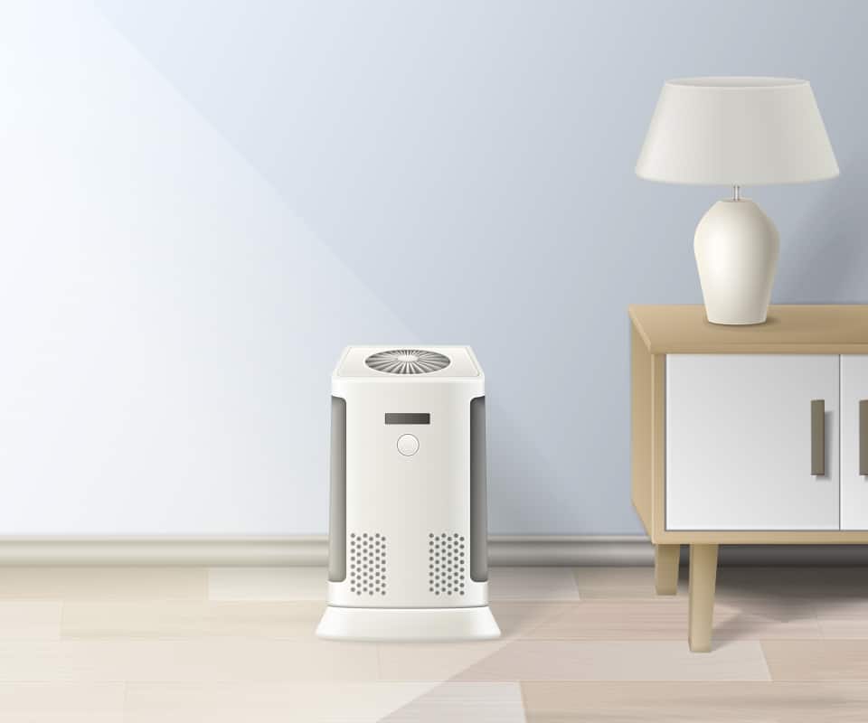Air purifier on the floor in a room.