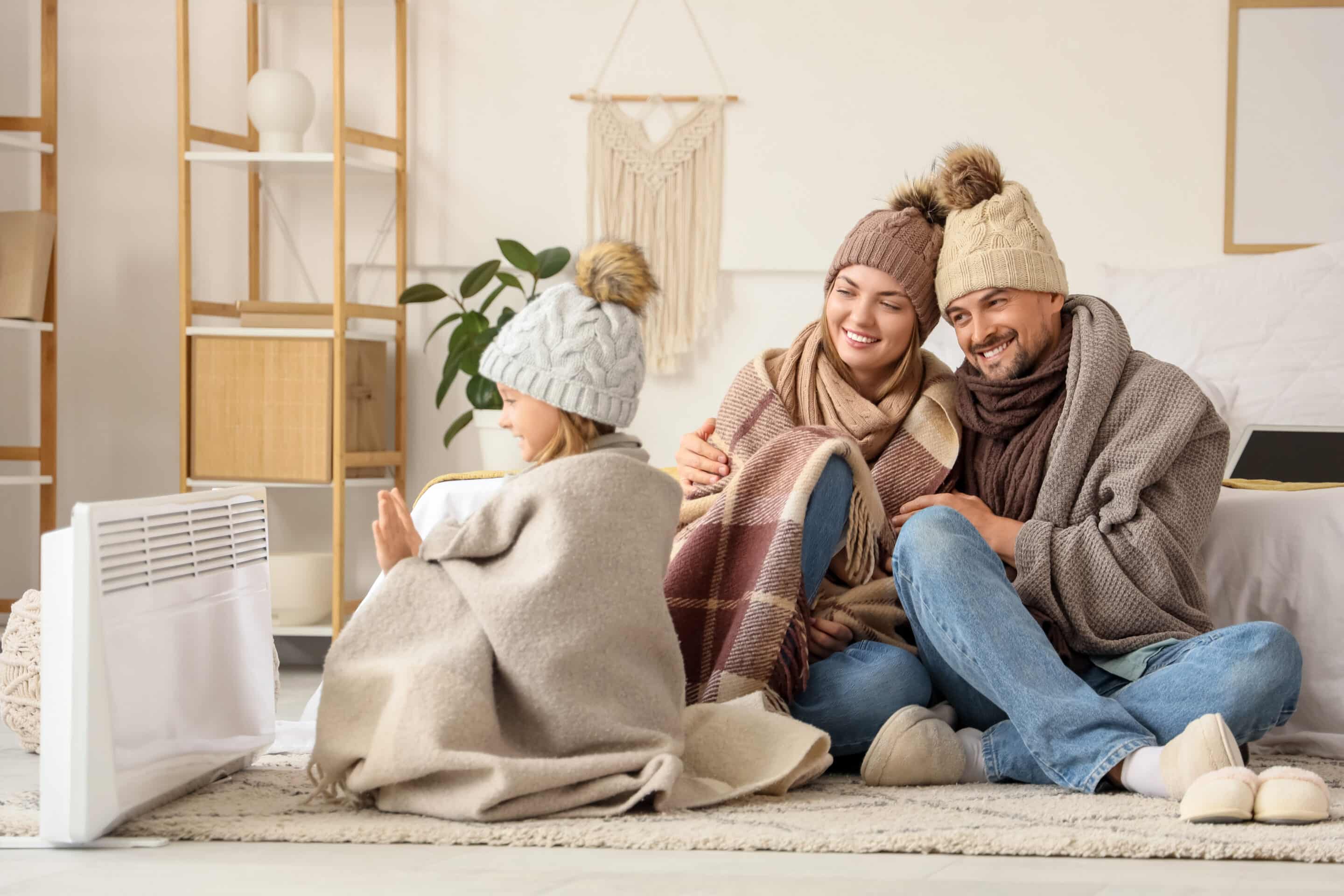 A family sits together wrapped in cozy blankets, while a heater provides warmth.