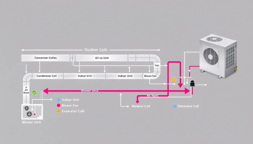 A diagram explaining the components of a central air conditioning system, including the outdoor unit and air ducts.
