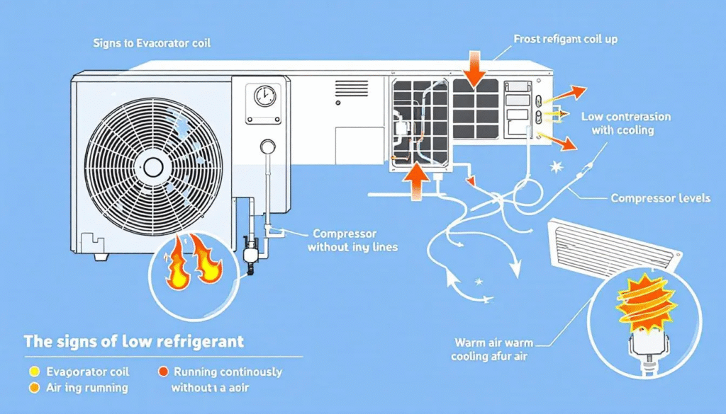 Signs of low refrigerant levels in an air conditioner, including warm air from vents.