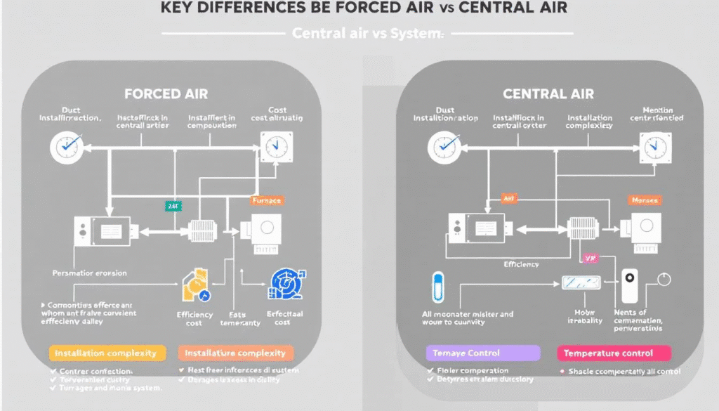 A comparison chart illustrating key differences between forced air vs central air systems.
