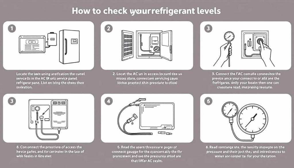 A step-by-step guide illustration on how to check refrigerant levels in an AC unit.