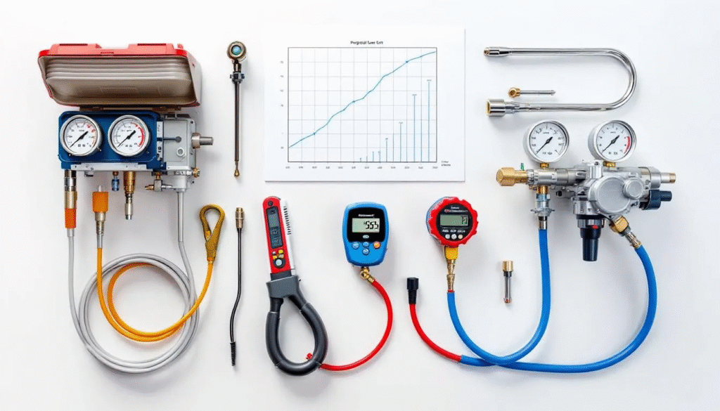Tools required to check refrigerant levels in an air conditioning system.