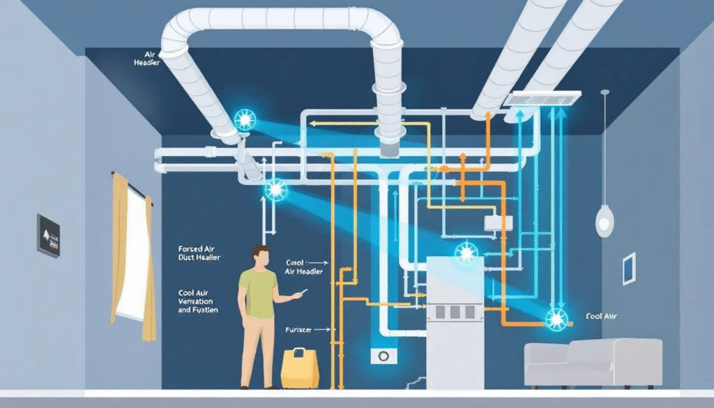 An illustration showing a forced air system in a home, highlighting the components that deliver cool air.