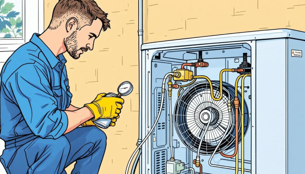 An HVAC technician safely adding refrigerant to an air conditioning system.