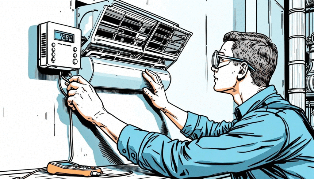 A technician programming a thermostat during air conditioner installation.