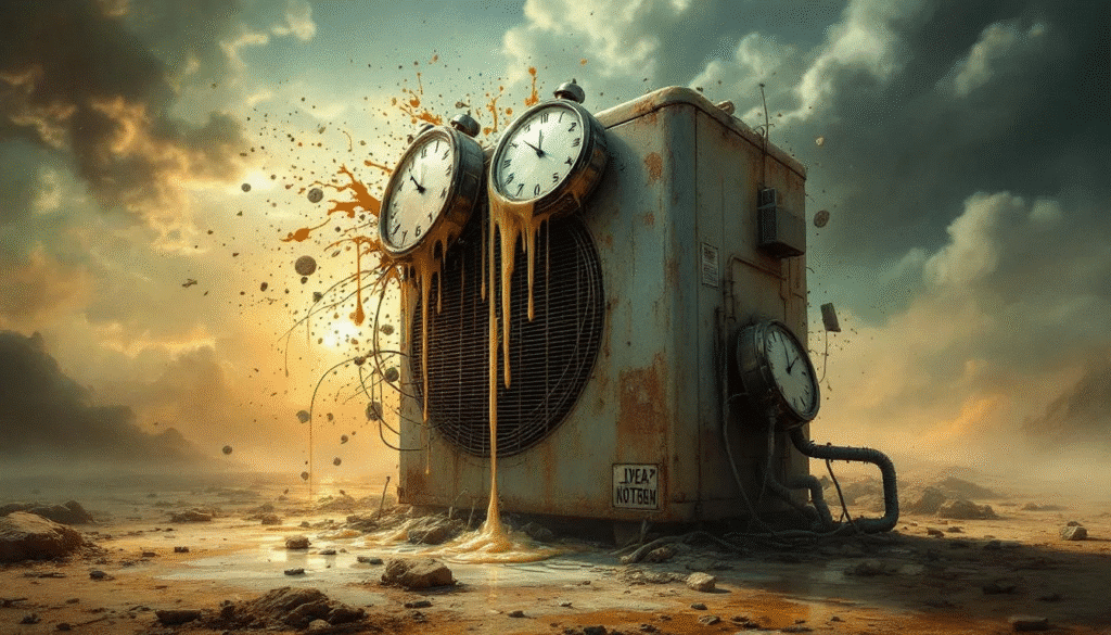 An outdoor air conditioning unit with visible debris blocking airflow.
