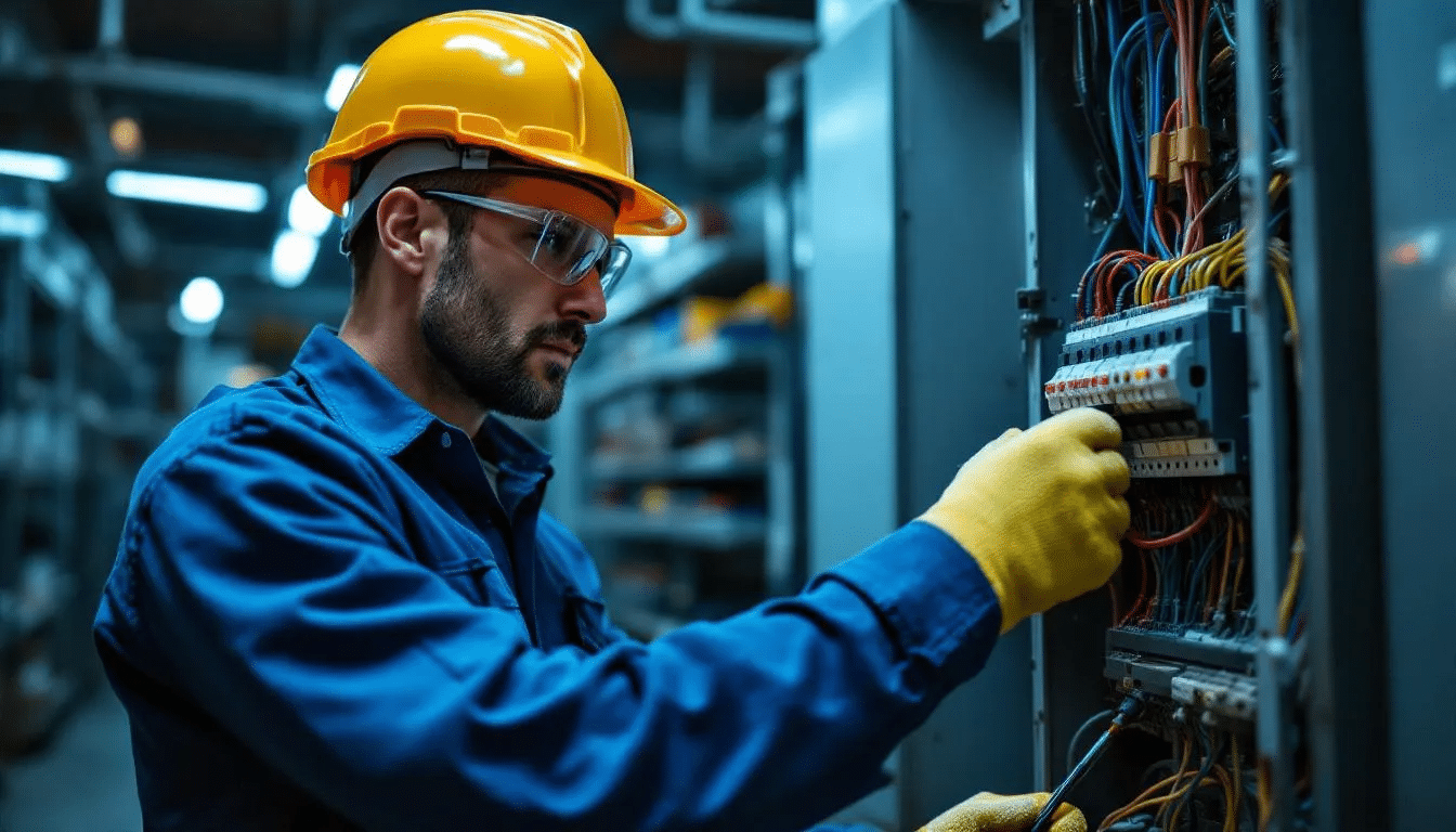 A professional electrician is diligently working on an electrical panel, wearing appropriate safety gear to prevent electrical hazards. This scene highlights the importance of emergency electrical services and the need for qualified technicians to handle electrical repairs safely.