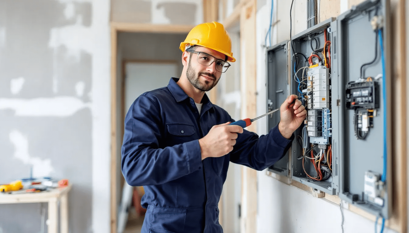 A professional electrician is focused on installing an electrical panel, carefully working with circuit breakers and ensuring proper connections for the home's electrical service. The scene highlights the electrician's attention to safety and detail as they upgrade the main service panel in a utility closet.